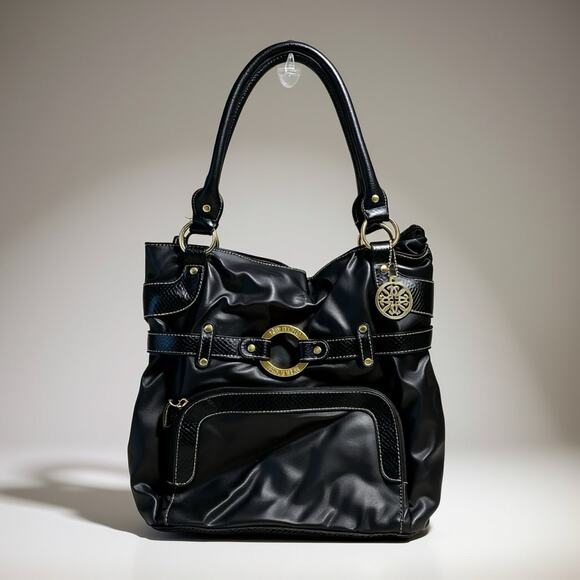 Treviso Handbags - Vintage Y2K Treviso Black FauxLeather Shoulder Purse Snake Embossed Silver Logo